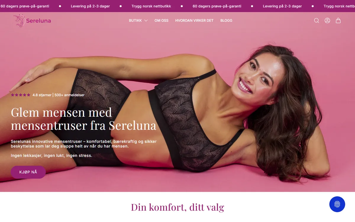 Forsiden af sereluna.no på en computer